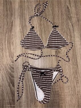Brown Gingham Bow Plaid Bikini Set
